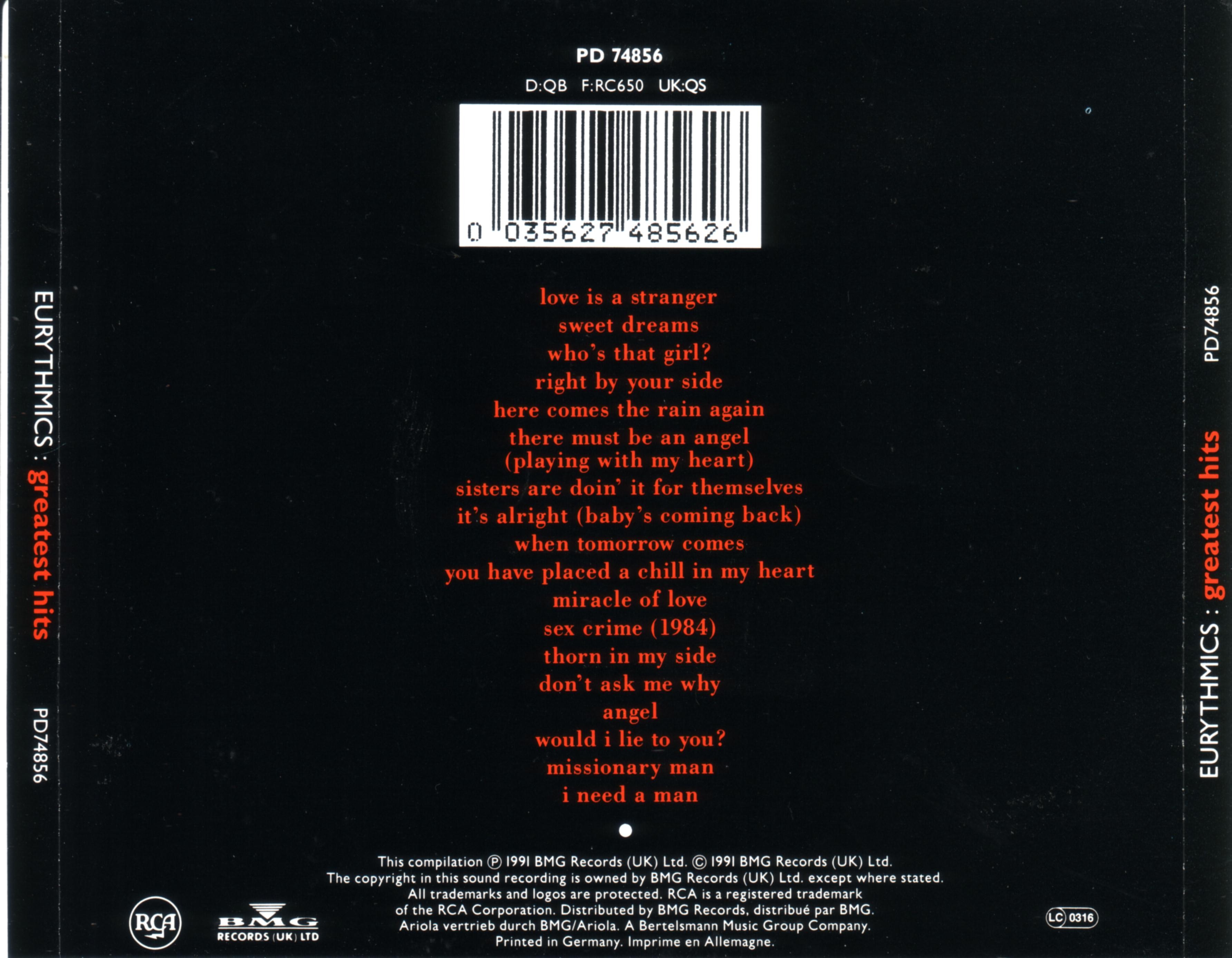 Eurythmics  Greatest Hits 1991 : Back